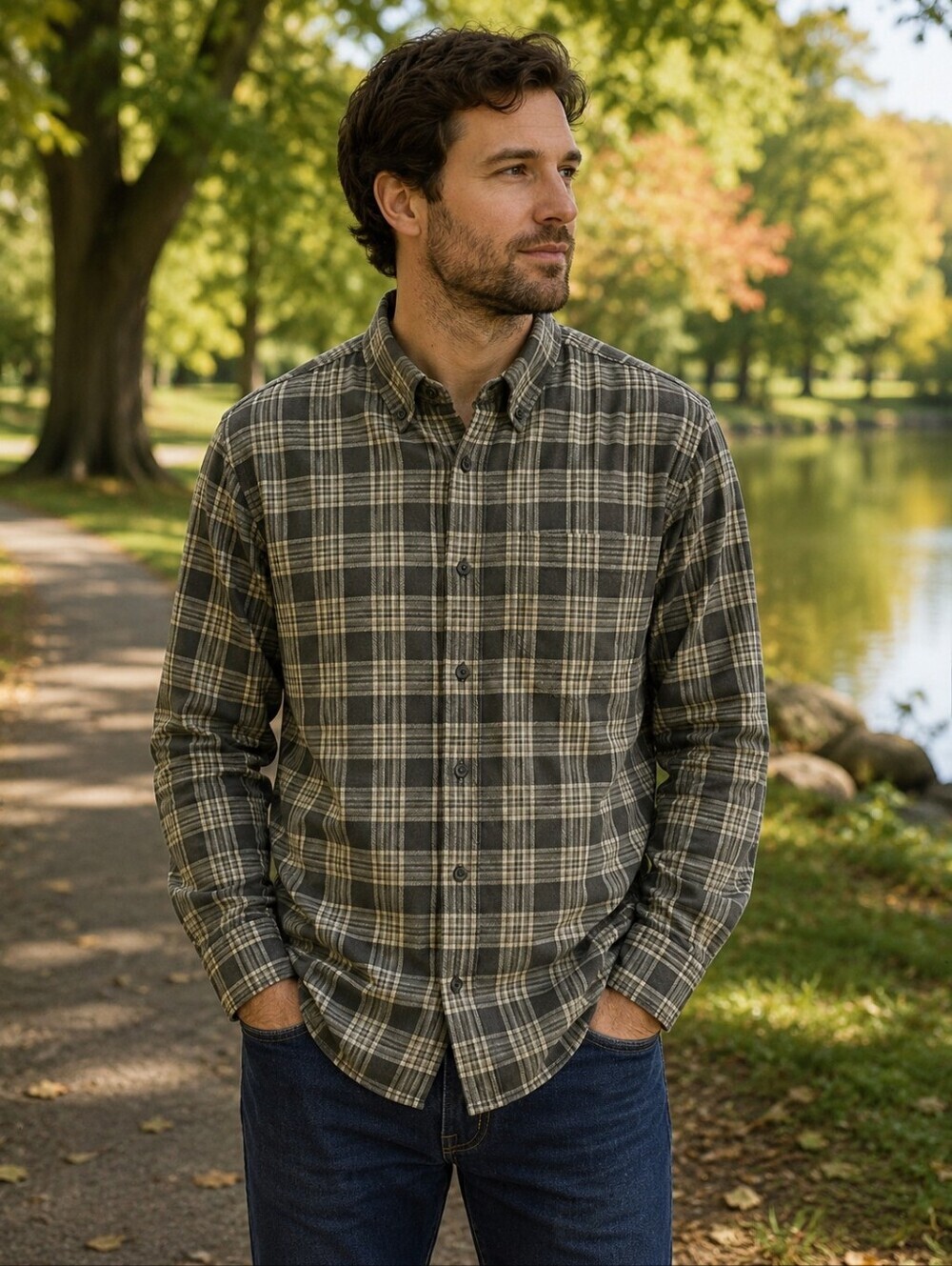 L.L.Bean Men’s Heavyweight Cotton Plaid Button Down Shirt XL Regular Gray Cream